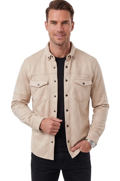 DeepSEA Erkek Krem Kırışmayan Süet Kumaş ÇıtÇıtlı Cepli Slim Fit Mevsimlik Gömlek 2302329