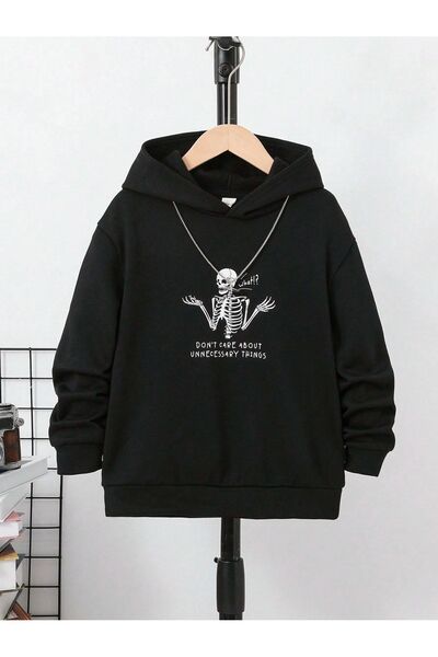 Mythologie 3 Thread Skelaton Sweatshirt - Black Printed Oversize Hooded Hoodie