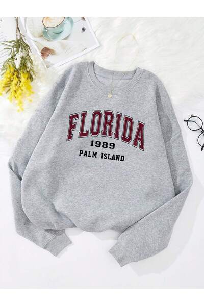 Mythologie 3 İplik Florida 1989 Sweatshirt - Gray Printed Oversize Crew Neck