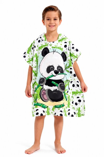 MoveBeach Bambu ve Panda Desenli Pratik Kapşonlu Çocuk Plaj ve Banyo Pançosu 8-12 yaş
