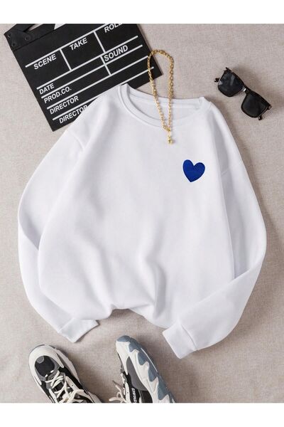 Mythologie 3 Thread Mini Heart Logo Winter Sweatshirt - White Printed Oversiz...