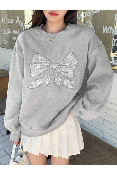 Mythologie 3 Thread Large Ribbon Sweatshirt - Gray Printed Oversize Sweatshir...