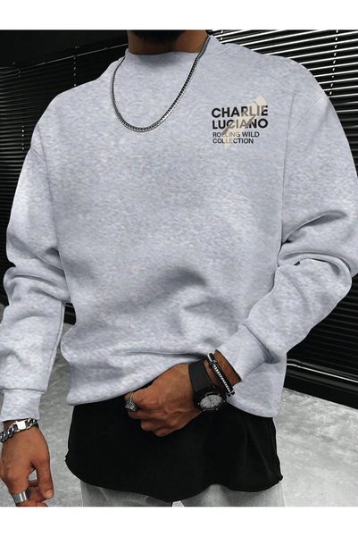 Mythologie 3 Yarns Charlie Luciano Thick Winter Sweatshirt - Gray Printed Ove...