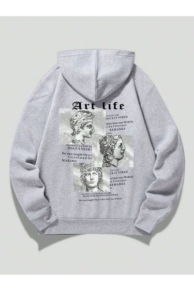 Mythologie 3 İplik Art Life Sweatshirt - Gray Printed Oversize Hooded Sweatshirt