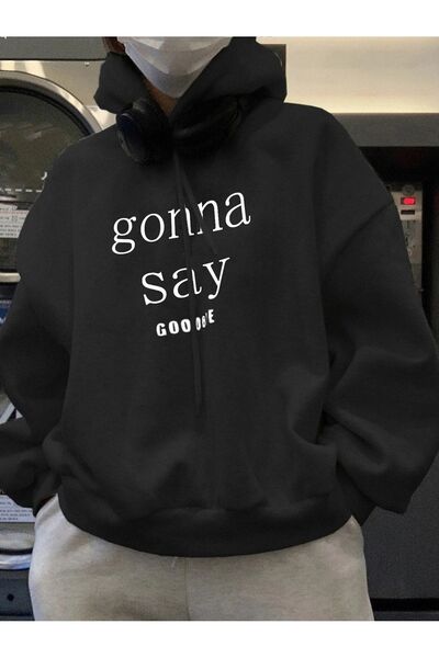 Mythologie 3 İplik Gonna Say Goodbye Sweatshirt - Black Printed Oversize Hood...