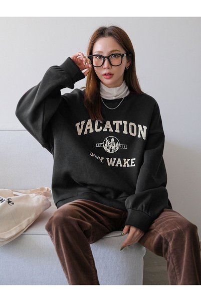 Mythologie 3 İplik Vacition Sweatshirt - Black Printed Oversize Crew Neck