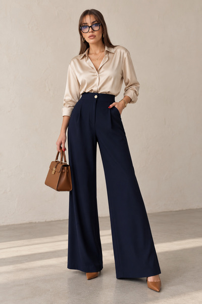 nutika Navy Blue High Waist Wide Leg Palazzo Trousers with Pockets Office Sty...