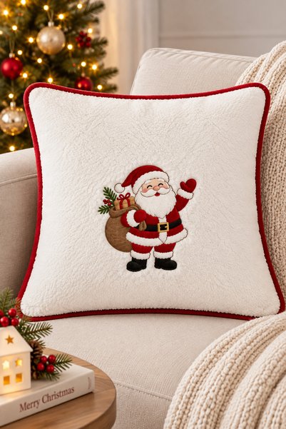 ZİLCA HOME 40 x 40 Cm Etrafı Biyeli - Yılbaşı Nakışlı Peluş Kırlent-2 ADET