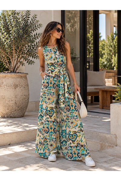 nutika Colorful Patterned Crew Neck Belted Wide Leg Jumpsuit Casual Summer Stylish Sleeveless Jumpsuit