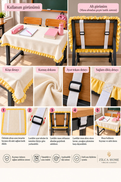 ZİLCA HOME Elastic-Ruffled School Desk Cover 120X55 cm – Double Student Desk ...