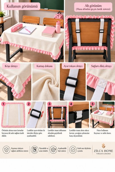 ZİLCA HOME غطاء طاولة مدرسي مطاطي مزخرف 120x55 سم - غطاء طاولة طلابي مزدوج، غ...
