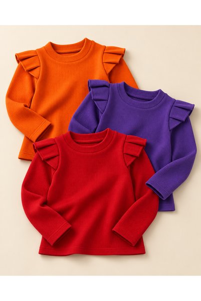 özge başaran Girl's 3-Piece Long Sleeve Ribbed Badi Set - Orange Purple Red -...