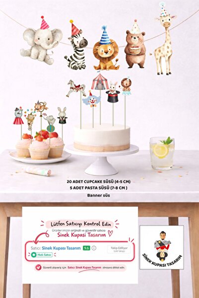 Sinek Kupası Tasarım Set pentru ziua de naștere cu animale de circ 5 figurine...