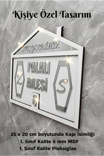 Kİşiye Özel Modern Kapı İsimliği 25x20 cm Beyaz Mdf Gümüş Pleksi