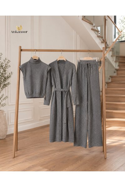 ankanoor Kuşaklı Triko Üçlü Takım (Bluz + Hırka + Pantolon) ANKA261043