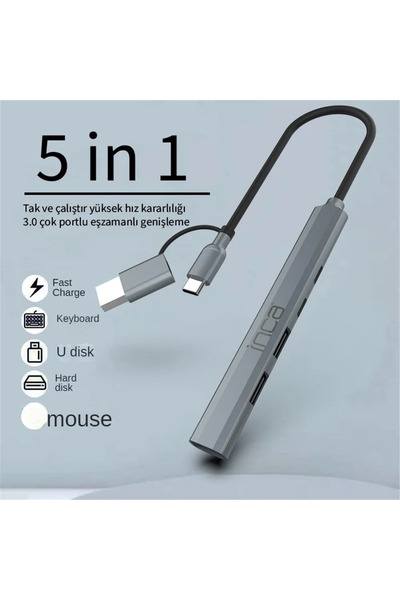 Inca IUTP-06TX 5in1 USB 3.0 + 2xUSB 2.0+Type-C+PD 100W USB+Type-C Çoklayıcı 3...