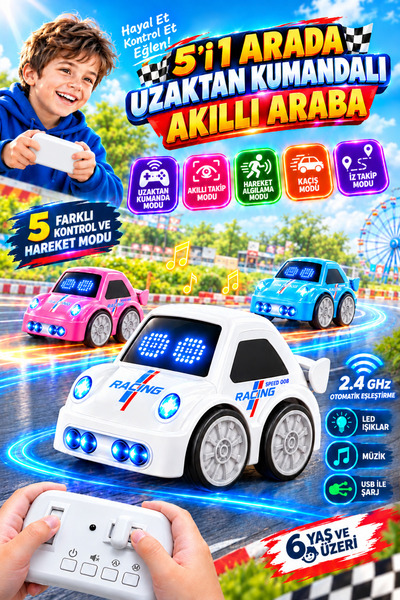 McBlok 5'i 1 arada Akıllı 4 Kanallı RC Dublör Takip Arabası LED Işıklı Müzikl...