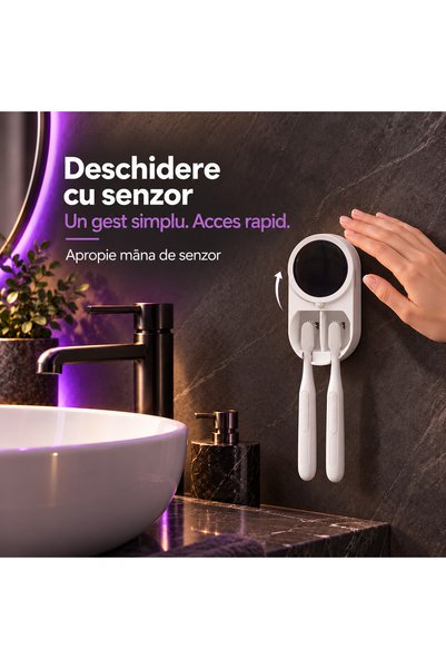 MACASORE Suport Periuțe de Dinți cu Sterilizator UV, Uscare cu Aer, Senzor Infraroșu, Ecran LED, Reîncărcabil, Montaj pe Perete fără Găurire, pentru 2 Periuțe