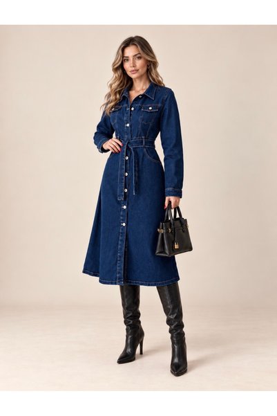 VONA DENIM KADIN UZUN KOL DÜĞMELİ KOT ELBİSE