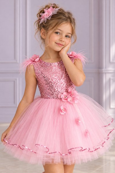 black white wedding Pink Girl's Flower and Feather Detailed Mini Tutu Dress