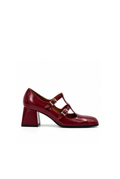 Folle Burgundy Patent Leather Double Buckle Mary Jane Heeled Shoes