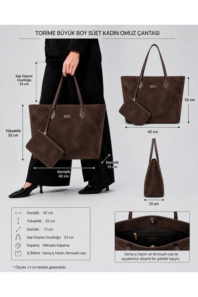torime Kadın Acı Kahverengi Süet Omuz Çantası Büyük Boy Cüzdanlı Günlük Tote Shopper