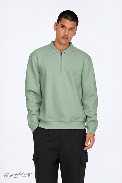 Only & Sons Abbott Erkek Fermuarlı Siyah Polo Sweatshirt-22030633