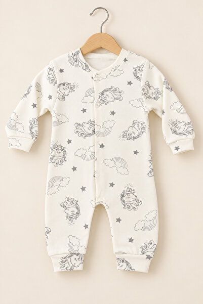 Lindakids Unicorn Desenli Ekru %100 Pamuk Manşetli (Patiksiz) Kız Bebek Tulum