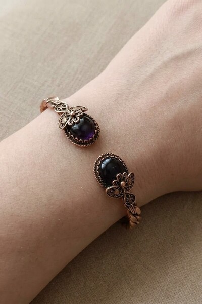 elinasaccessories Bakır Telkari Ametist Taşlı Kelepçe Bileklik El Yapımı Ayar...