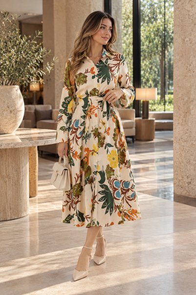 nutika فستان منقوش بالزهور بحزام من الكتان