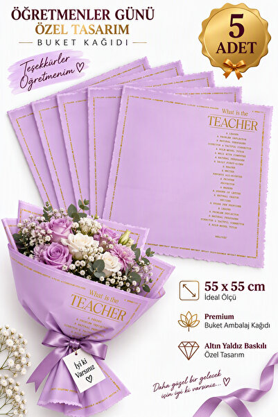 COLORPAK Öğretmenler Günü'ne Özel Tasarım Buket Kağıdı – Lila | 5 Adet | 55×5...
