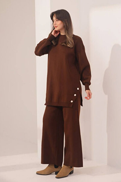Balenbi Women's Knitwear Fabric Button Detailed 2-Piece Knitwear Set 8576 Brown