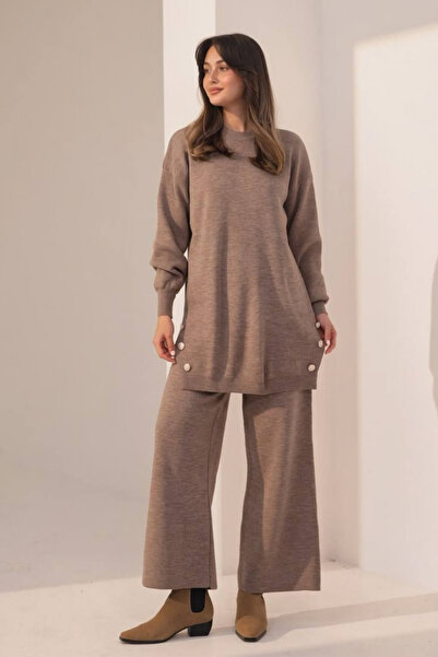 Balenbi Women's Knitwear Fabric Button Detailed 2-Piece Knitwear Set 8576 Mink
