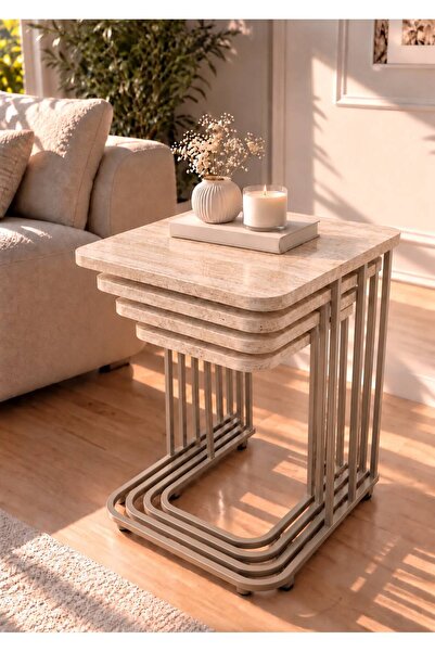ERYALUX HOME 4'LÜ TEKERLİ İÇİÇE GEÇEN ZİGON SEHPA ( CAPPUCCİNO AYAK - TRAVERT...