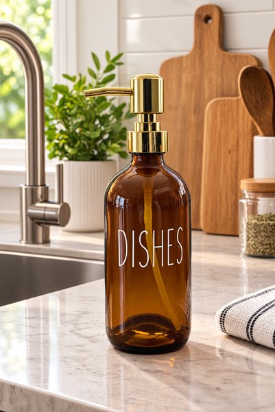 VERRA CONCEPT Set of 2 Glass Liquid Soap Dispensers – Amber Color, with Gold Pump, Kitchen & Bathroom Soap Dispenser Liquid Detergent