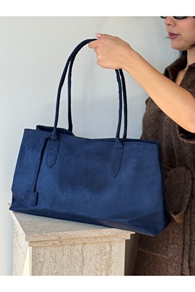 lalettobags Geantă mare din piele intoarsa model Eda albastru marin pentru femei