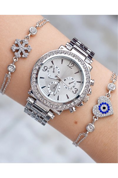 COLESİUM Silver Metal Kordon Taşlı Paşa Model Bileklikli Kadın Saat Kombini 8595