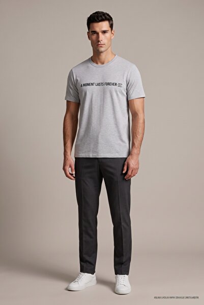 Maccali Gray Men's a Moment Lasts Forever Printed Crew Neck Loose Fit T-Shirt