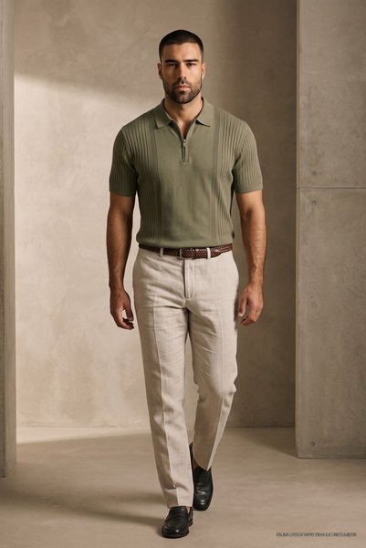 Maccali Tricou casual pentru bărbați, premium, cu dungi, kaki, cu guler polo