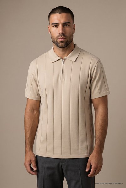 Maccali Tricou polo tricotat cu dungi bej, confortabil, pentru bărbați