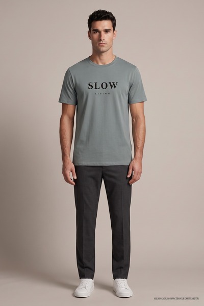 Maccali Ανδρικό μπλουζάκι με στάμπα Slow Living σε χακί πράσινο χρώμα, με φαρ...