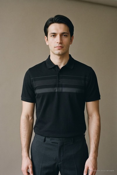Maccali Tricou negru pentru bărbați, cu bandă la piept, tricotat, cu guler polo