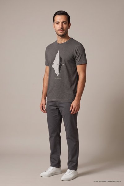 Maccali Dark Gray Men's Abstract Pattern Printed Crew Neck Loose Fit T-Shirt