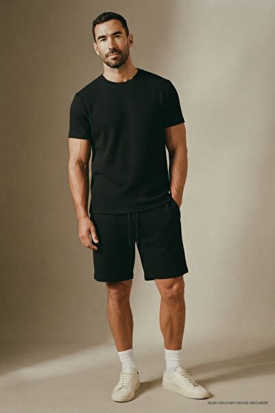 Maccali Tricou negru din țesătură Waffle pentru bărbați Trend bumbac