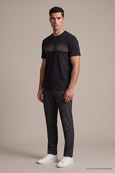 Maccali Tricou negru cu mânecă scurtă, cu imprimeu în dungi, pentru bărbați