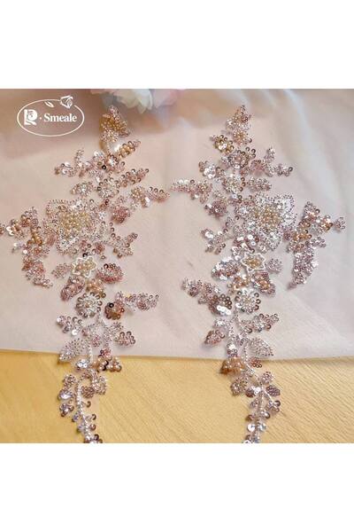 Choice8 champagne 1Pair 17*33CM,10-color Beaded Sequin 3D Floral Mirror Appli...
