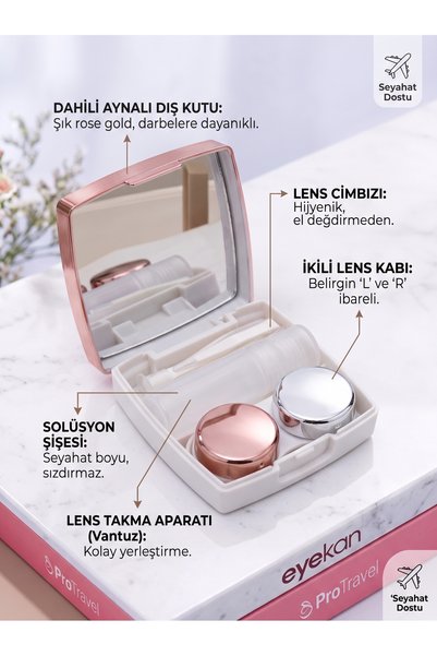 Singularis Rose Aynalı Seyahat Lens Kutusu - Solüsyon Kabı, Cımbız, Vantuz Ap...