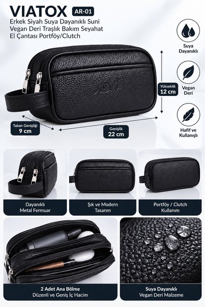 VIATOX Ar-01 Men's Black Water Resistant Faux Vegan Leather Shaving Care Trav...