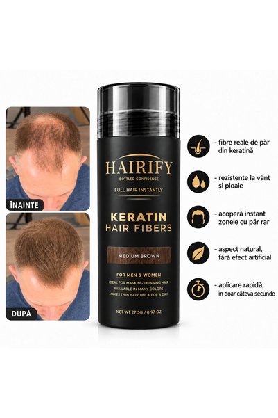 Hairify Fibre Premium Reale Șaten Mediu Pentru Păr Rar și Chelie din Keratină...