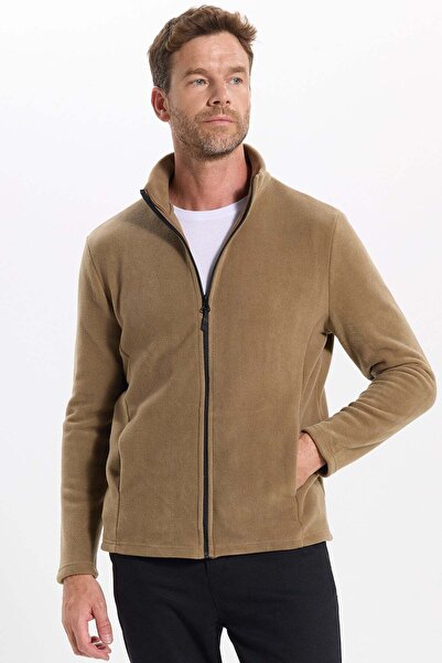Tudors Unisex Standard Fit Full Zip Cold-Resistant Stand Collar Khaki Fleece ...